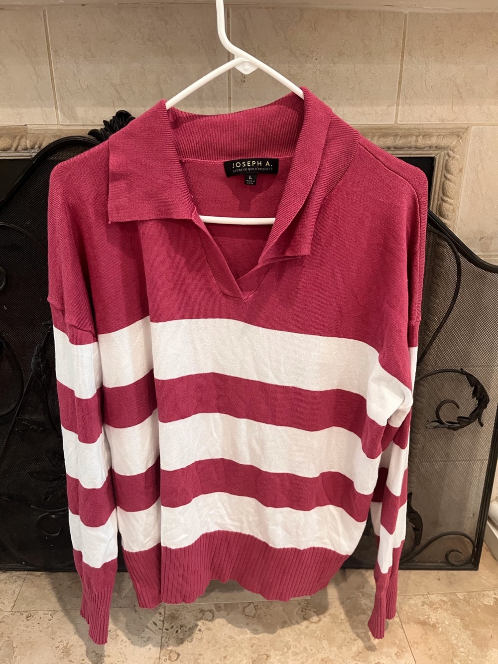 Joseph A Casual Women's Pink and White Striped Collared Sweater size L